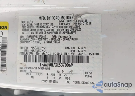 2014 Ford Fusion Se z USA, uszkodzony, nr VIN 1FA6P0H7XE5370069